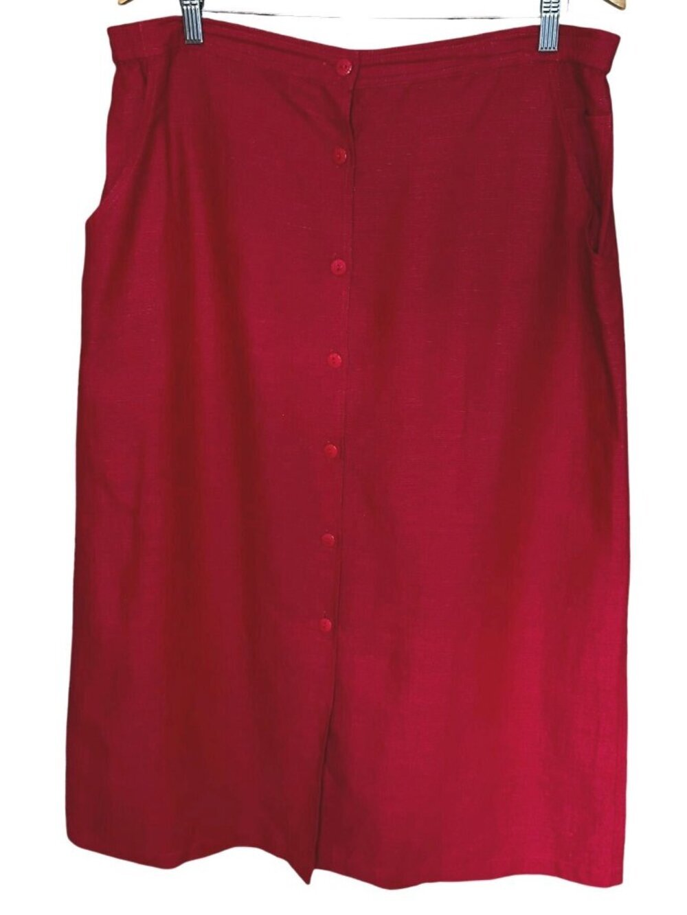 Vintage Linen Silk Button Front Midi Skirt w/ Pockets Red 90s Erin London